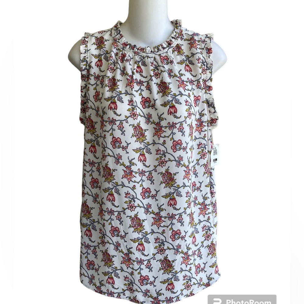 New Loft Petite Media Mix Cream Floral Sleeveless Top XSP Blouse Ruffle Trim